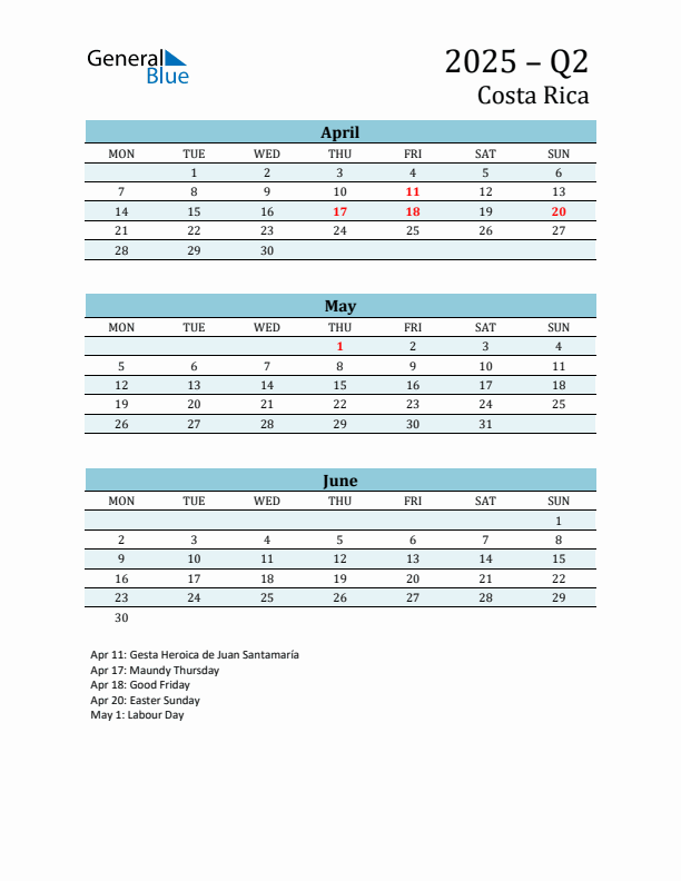 Three-Month Planner for Q2 2025 with Holidays - Costa Rica