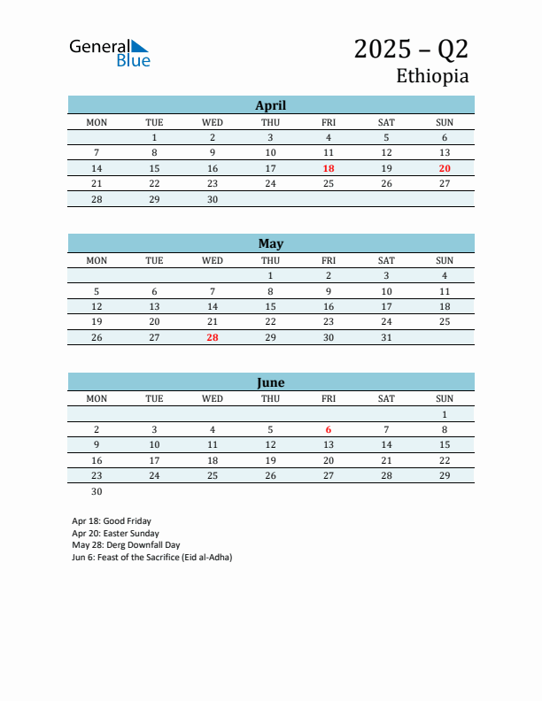 Three-Month Planner for Q2 2025 with Holidays - Ethiopia