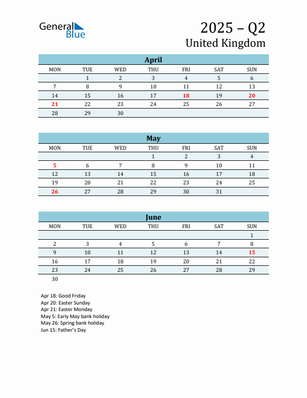 Three-Month Planner for Q2 2025 with Holidays - United Kingdom