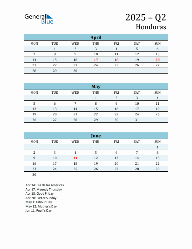 Three-Month Planner for Q2 2025 with Holidays - Honduras