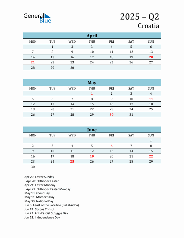 Three-Month Planner for Q2 2025 with Holidays - Croatia