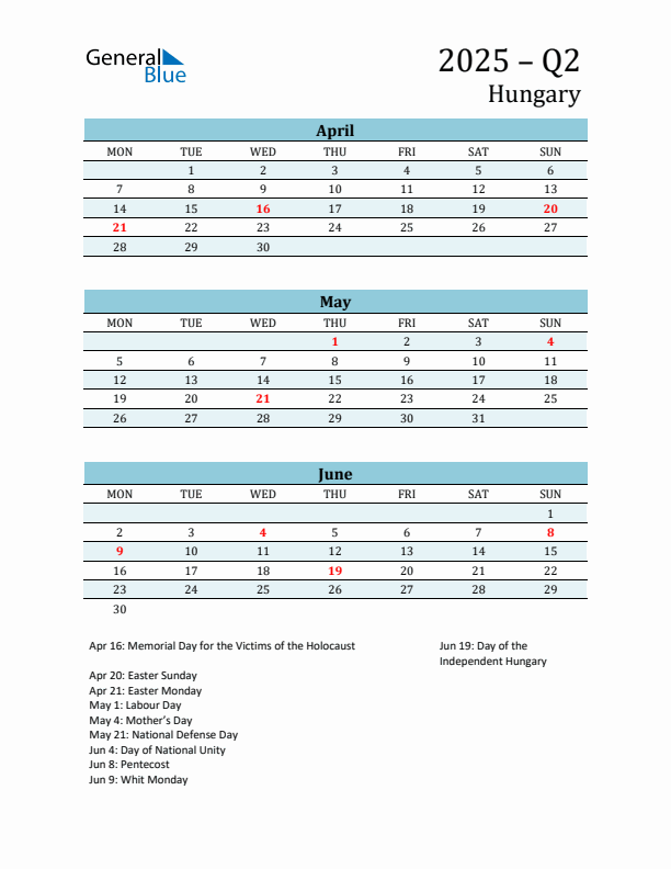 Three-Month Planner for Q2 2025 with Holidays - Hungary