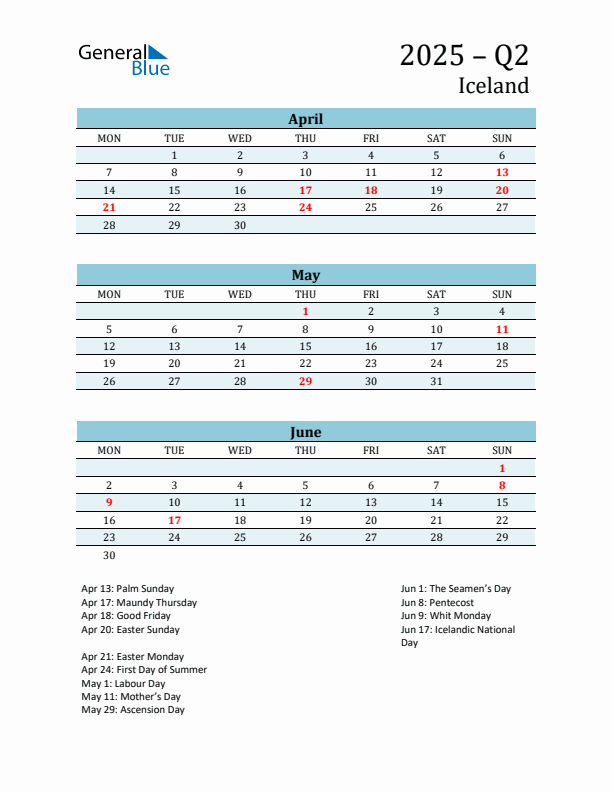 Three-Month Planner for Q2 2025 with Holidays - Iceland