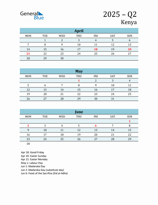 Three-Month Planner for Q2 2025 with Holidays - Kenya