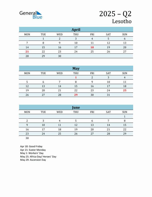 Three-Month Planner for Q2 2025 with Holidays - Lesotho