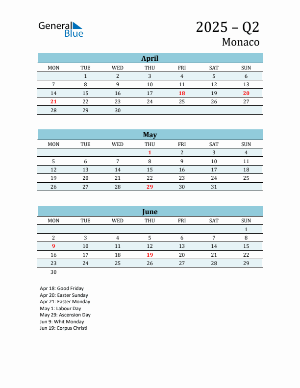 Three-Month Planner for Q2 2025 with Holidays - Monaco