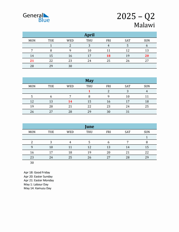 Three-Month Planner for Q2 2025 with Holidays - Malawi