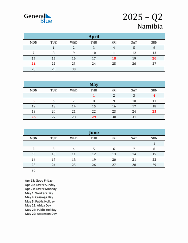 Three-Month Planner for Q2 2025 with Holidays - Namibia