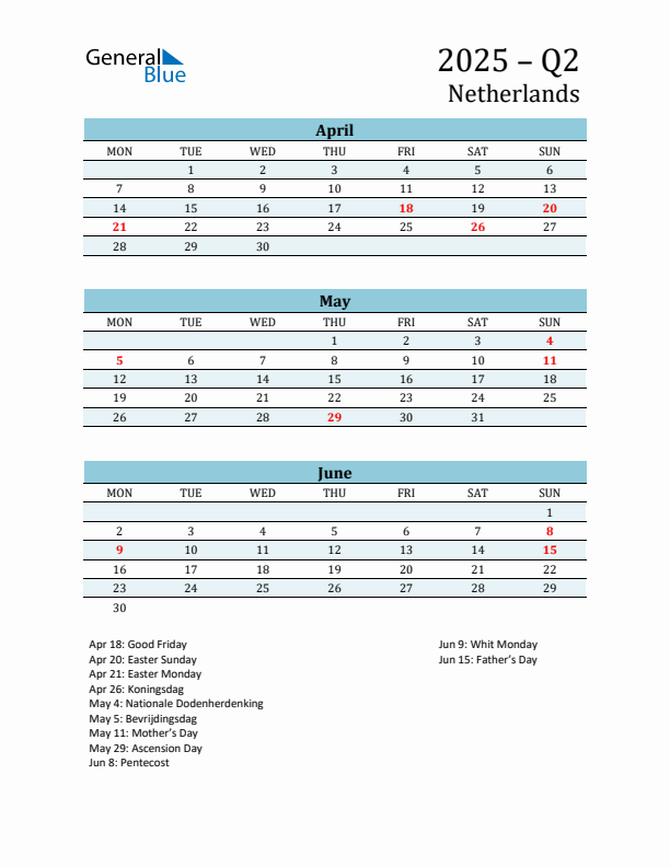 Three-Month Planner for Q2 2025 with Holidays - The Netherlands