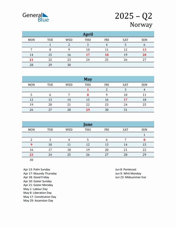 Three-Month Planner for Q2 2025 with Holidays - Norway