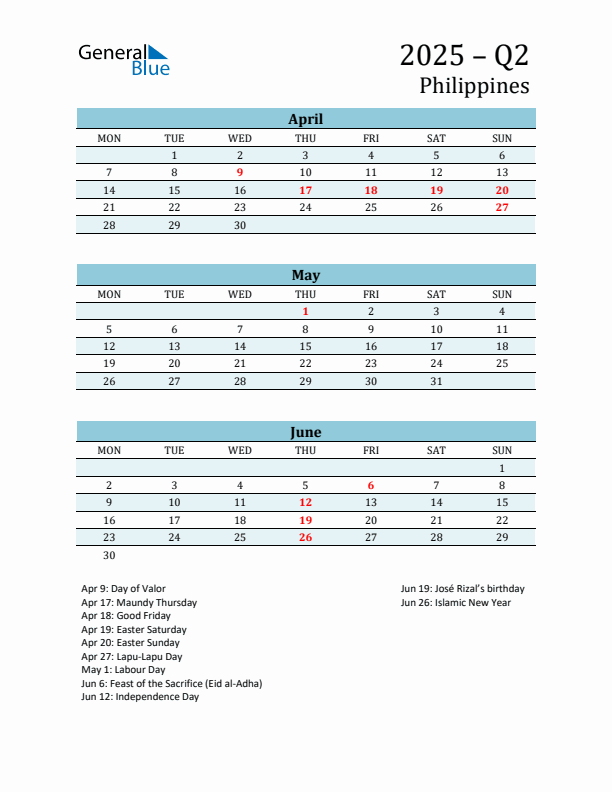 Three-Month Planner for Q2 2025 with Holidays - Philippines