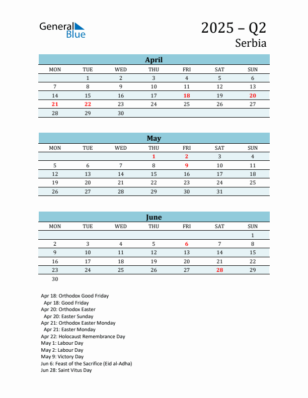 Three-Month Planner for Q2 2025 with Holidays - Serbia