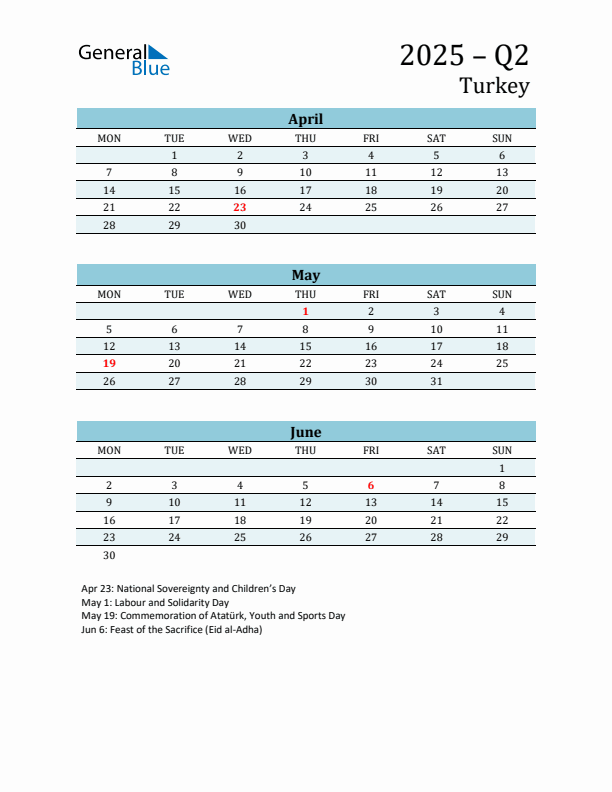 Three-Month Planner for Q2 2025 with Holidays - Turkey