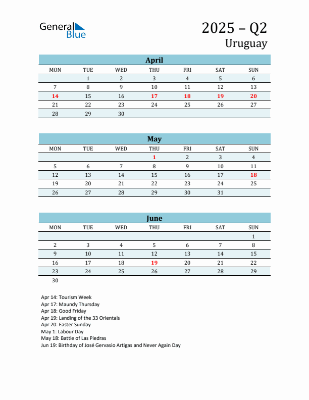 Three-Month Planner for Q2 2025 with Holidays - Uruguay