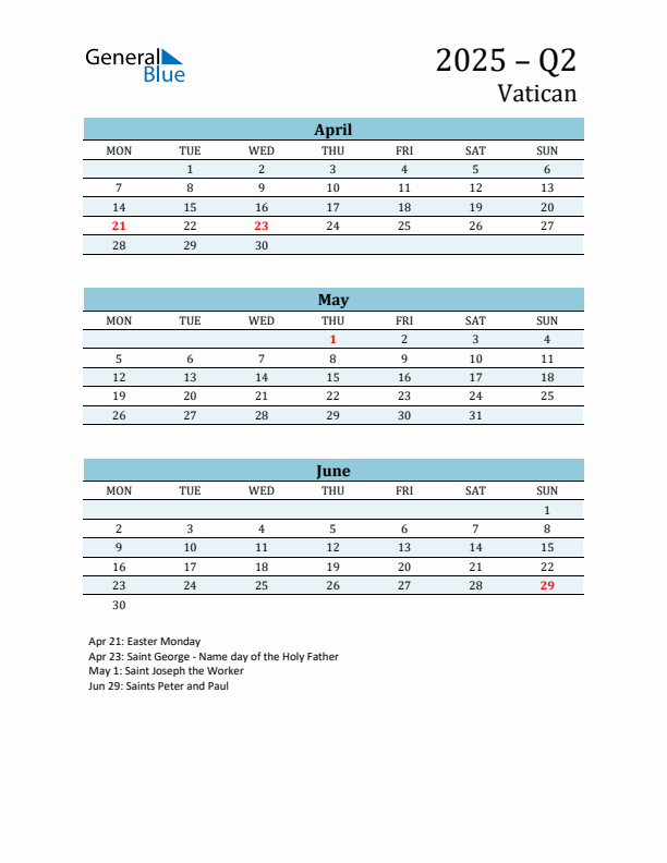 Three-Month Planner for Q2 2025 with Holidays - Vatican