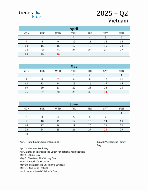 Three-Month Planner for Q2 2025 with Holidays - Vietnam