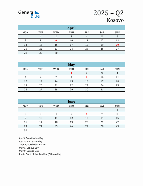 Three-Month Planner for Q2 2025 with Holidays - Kosovo