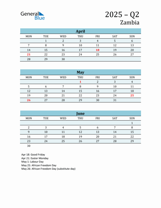 Three-Month Planner for Q2 2025 with Holidays - Zambia