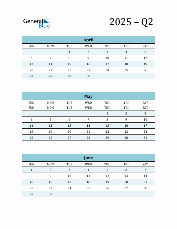 April, May, and June 2025 Calendar