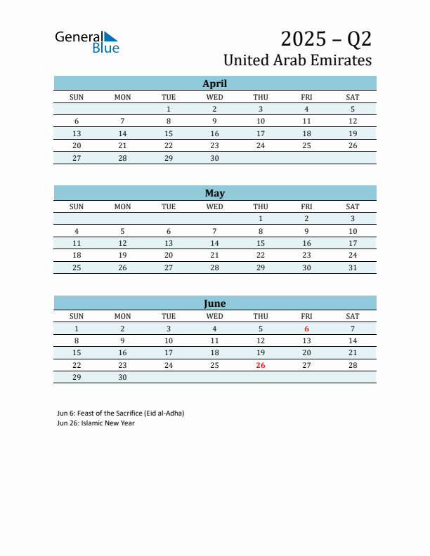 Three-Month Planner for Q2 2025 with Holidays - United Arab Emirates