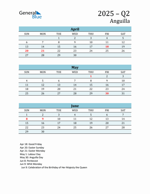 Three-Month Planner for Q2 2025 with Holidays - Anguilla