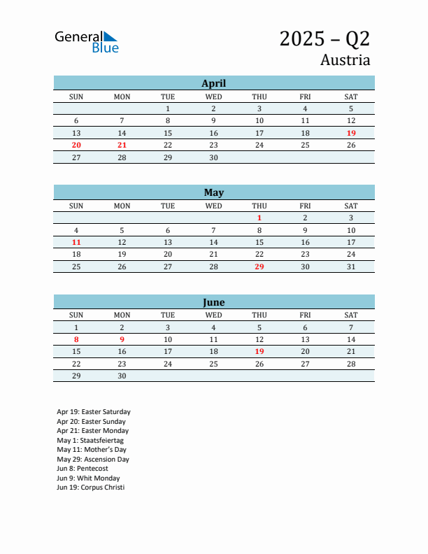 Three-Month Planner for Q2 2025 with Holidays - Austria