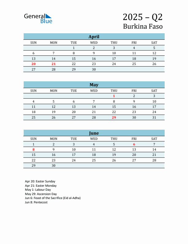 Three-Month Planner for Q2 2025 with Holidays - Burkina Faso