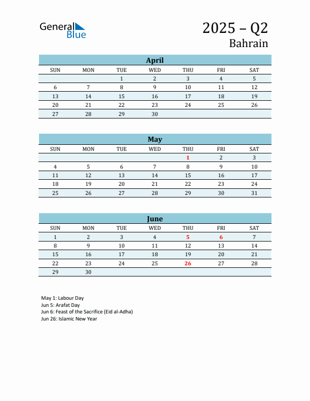 Three-Month Planner for Q2 2025 with Holidays - Bahrain