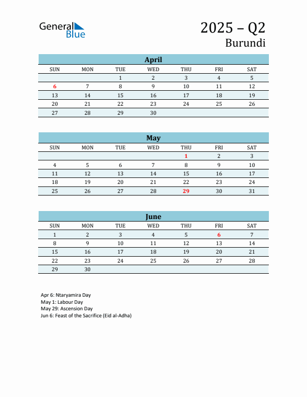 Three-Month Planner for Q2 2025 with Holidays - Burundi