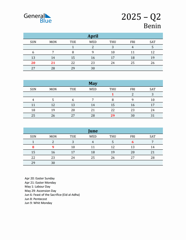 Three-Month Planner for Q2 2025 with Holidays - Benin