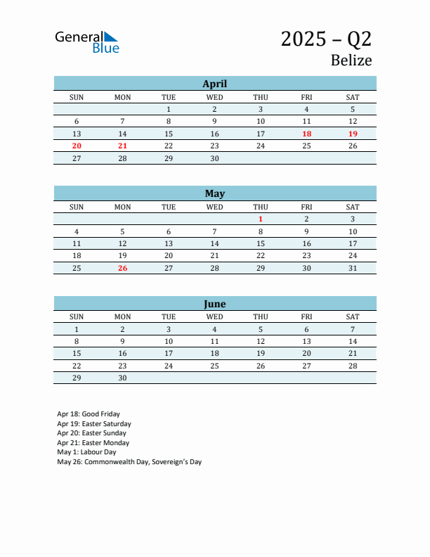 Three-Month Planner for Q2 2025 with Holidays - Belize