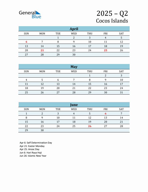 Three-Month Planner for Q2 2025 with Holidays - Cocos Islands