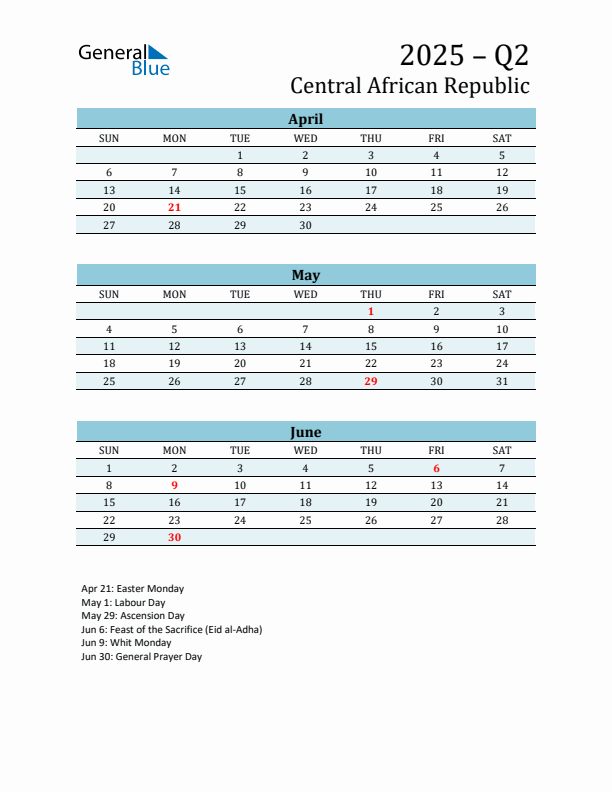 Three-Month Planner for Q2 2025 with Holidays - Central African Republic