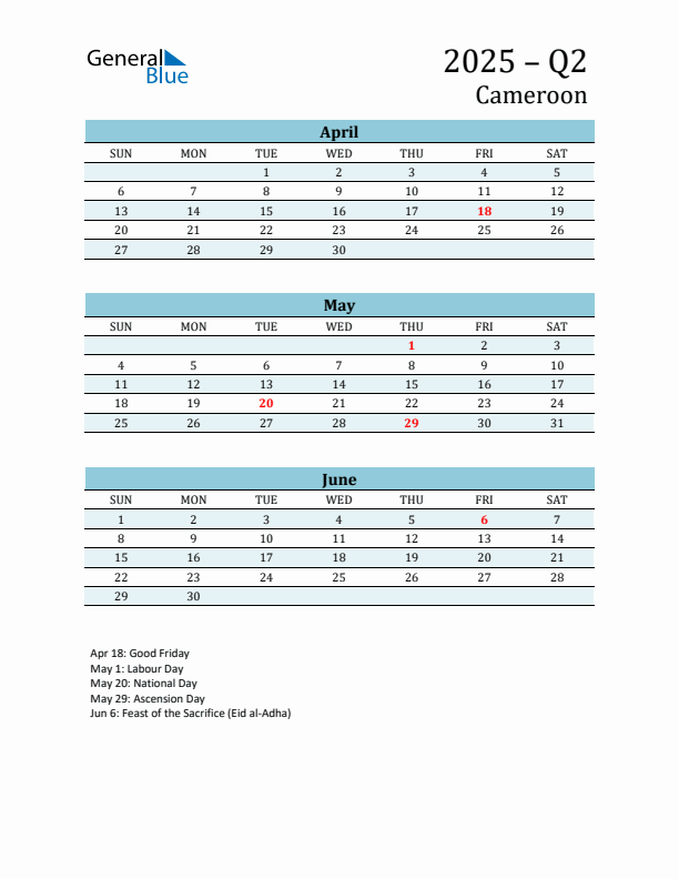 Three-Month Planner for Q2 2025 with Holidays - Cameroon