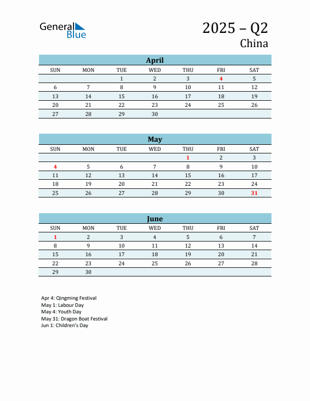 Three-Month Planner for Q2 2025 with Holidays - China