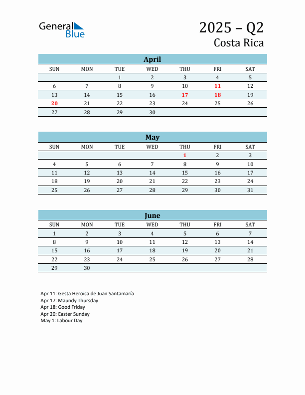 Three-Month Planner for Q2 2025 with Holidays - Costa Rica