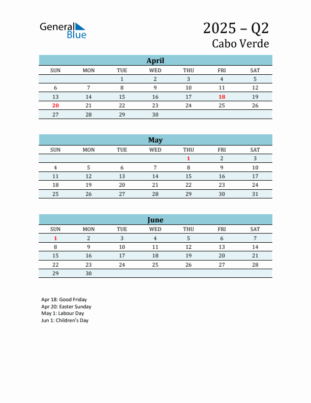 Three-Month Planner for Q2 2025 with Holidays - Cabo Verde