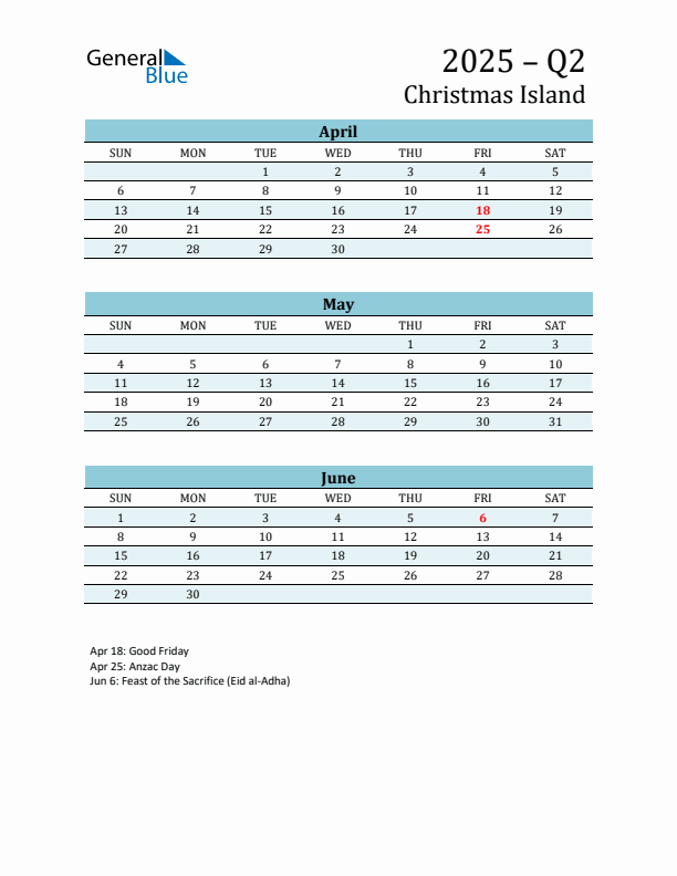 Three-Month Planner for Q2 2025 with Holidays - Christmas Island