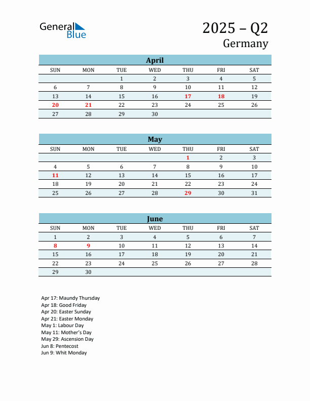 Three-Month Planner for Q2 2025 with Holidays - Germany