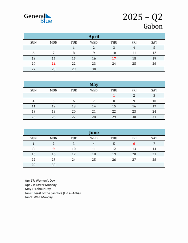 Three-Month Planner for Q2 2025 with Holidays - Gabon