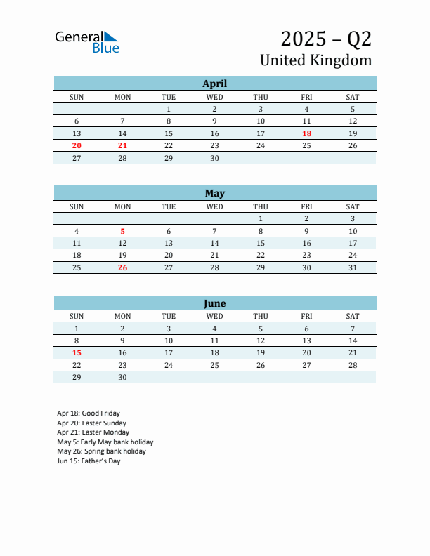 Three-Month Planner for Q2 2025 with Holidays - United Kingdom