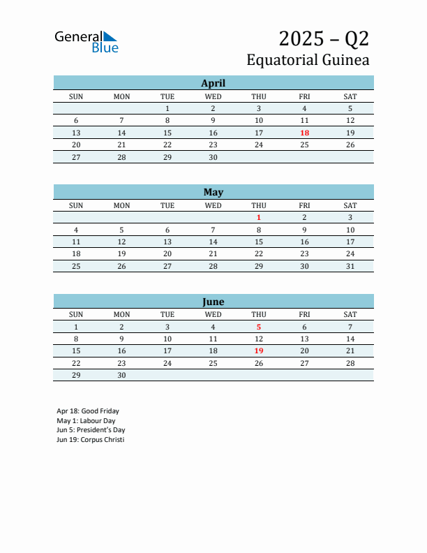 Three-Month Planner for Q2 2025 with Holidays - Equatorial Guinea