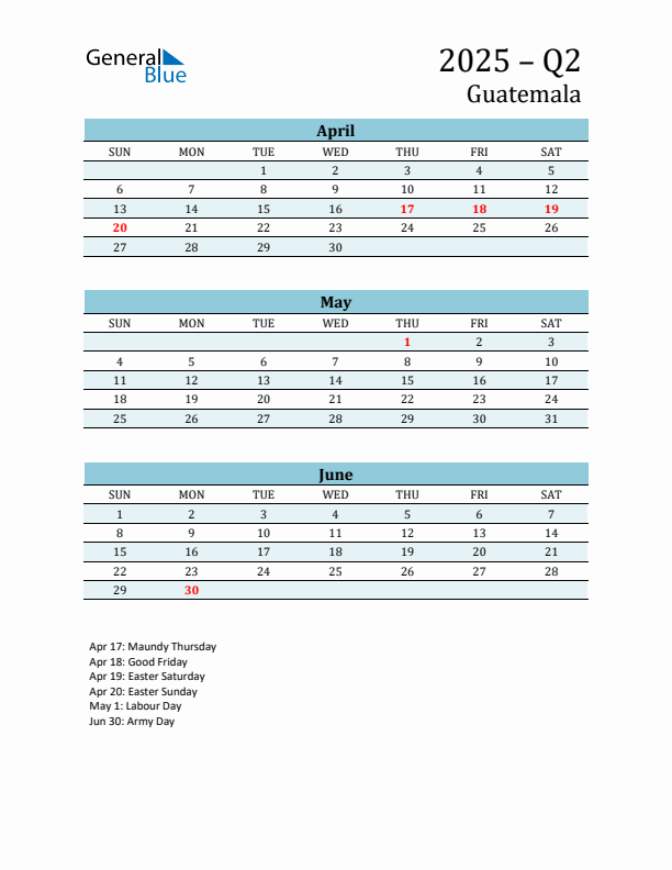 Three-Month Planner for Q2 2025 with Holidays - Guatemala