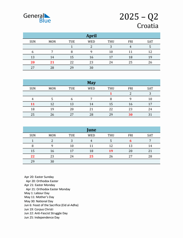 Three-Month Planner for Q2 2025 with Holidays - Croatia