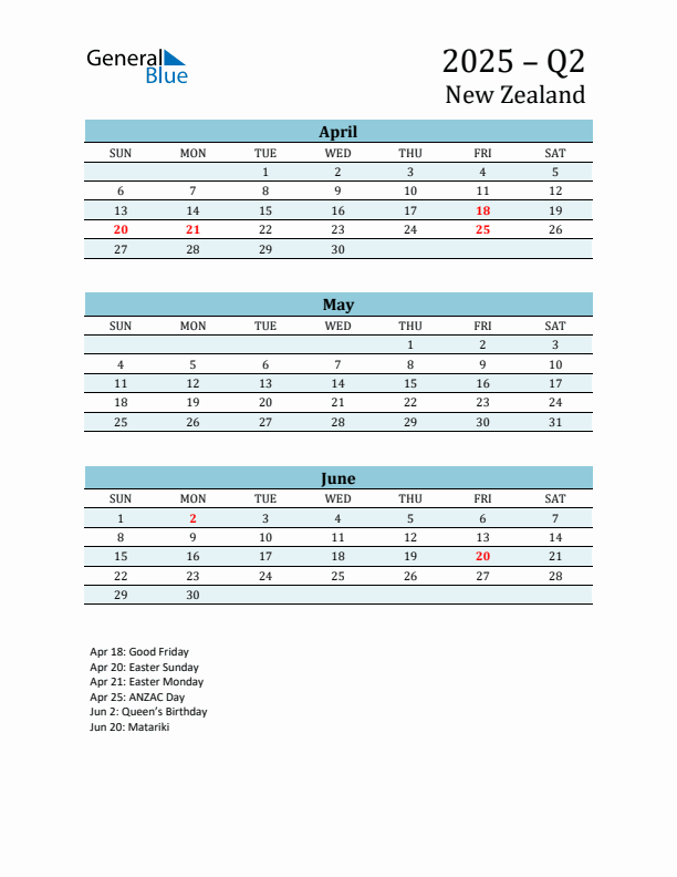 Three-Month Planner for Q2 2025 with Holidays - New Zealand