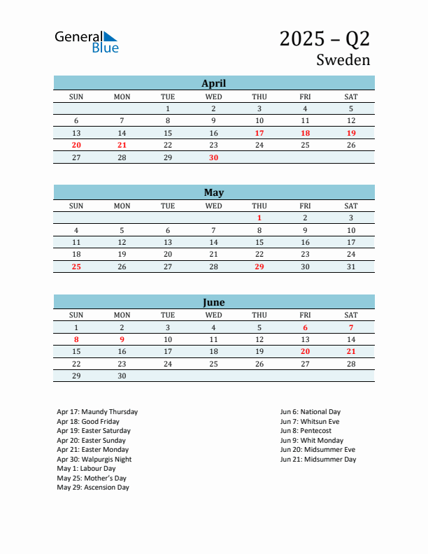 Three-Month Planner for Q2 2025 with Holidays - Sweden