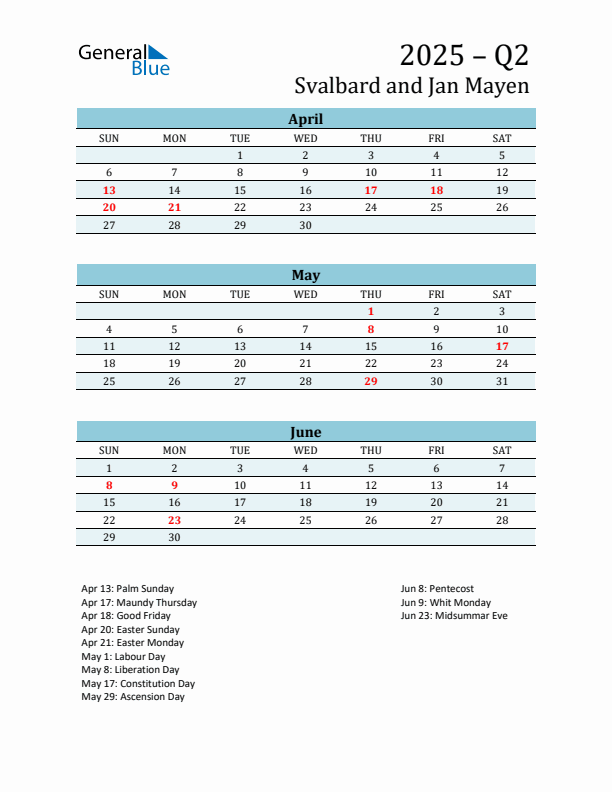 Three-Month Planner for Q2 2025 with Holidays - Svalbard and Jan Mayen