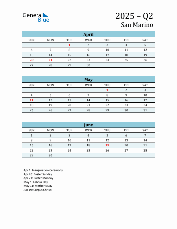 Three-Month Planner for Q2 2025 with Holidays - San Marino