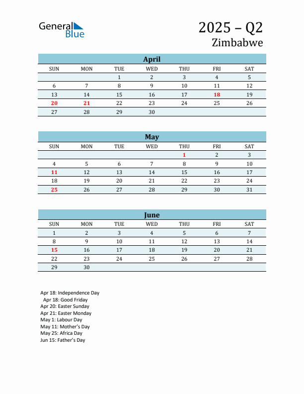 Three-Month Planner for Q2 2025 with Holidays - Zimbabwe