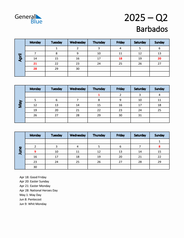 Free Q2 2025 Calendar for Barbados - Monday Start